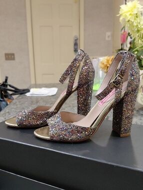 "Betsey Johnson" Sz.7.5, Multicolor Glitter Ankle-Strap Block Heels. 7in tall...